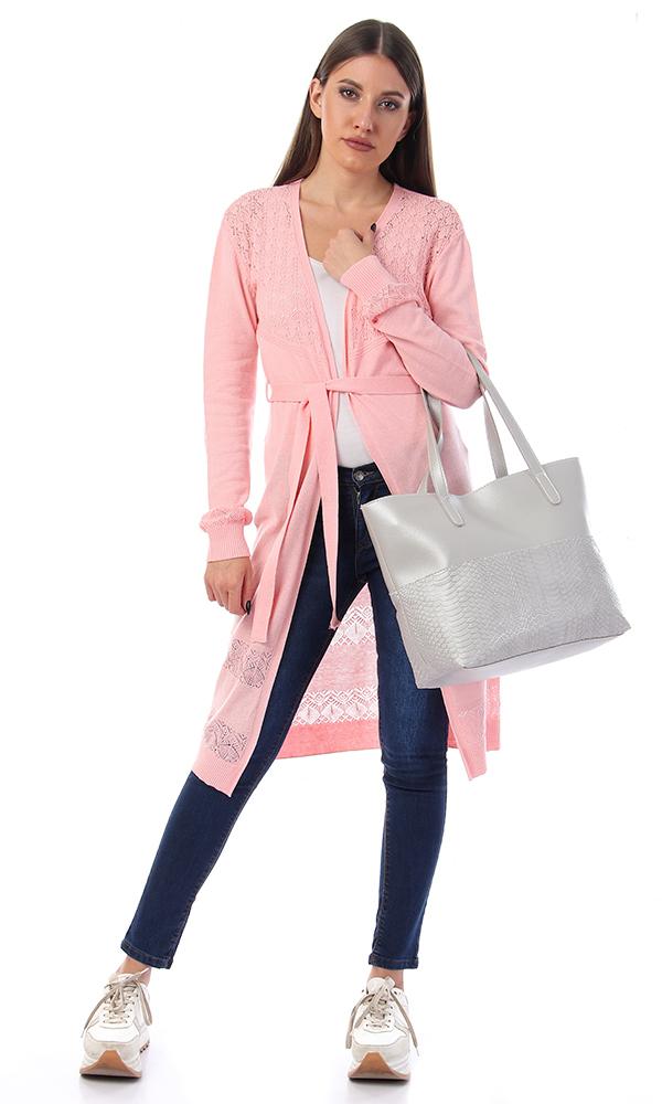 57731 Perforated Open Neckline Light Pink Cardigan - Ravin 