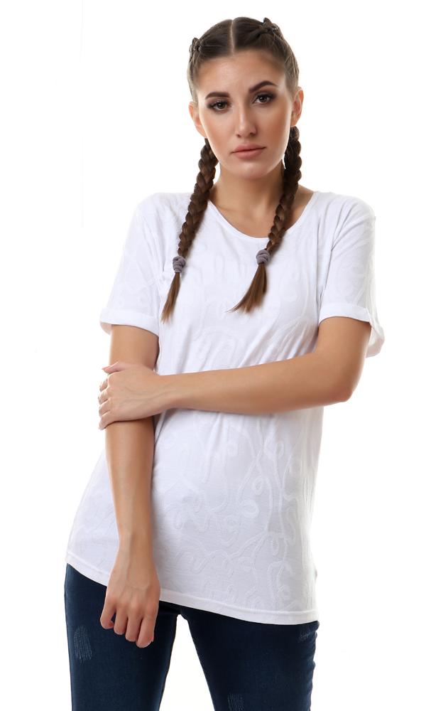 57737 Self Pattern Roll Up Short Sleeves T-Shirt - White - Ravin 