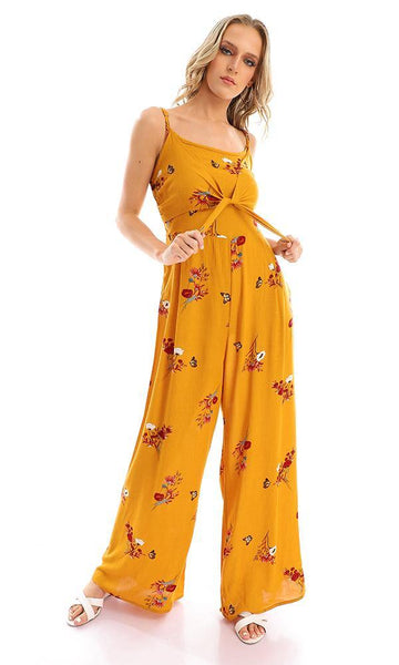 57748 Elastic Open Back Floral Jumpsuit - Mustard - Ravin 