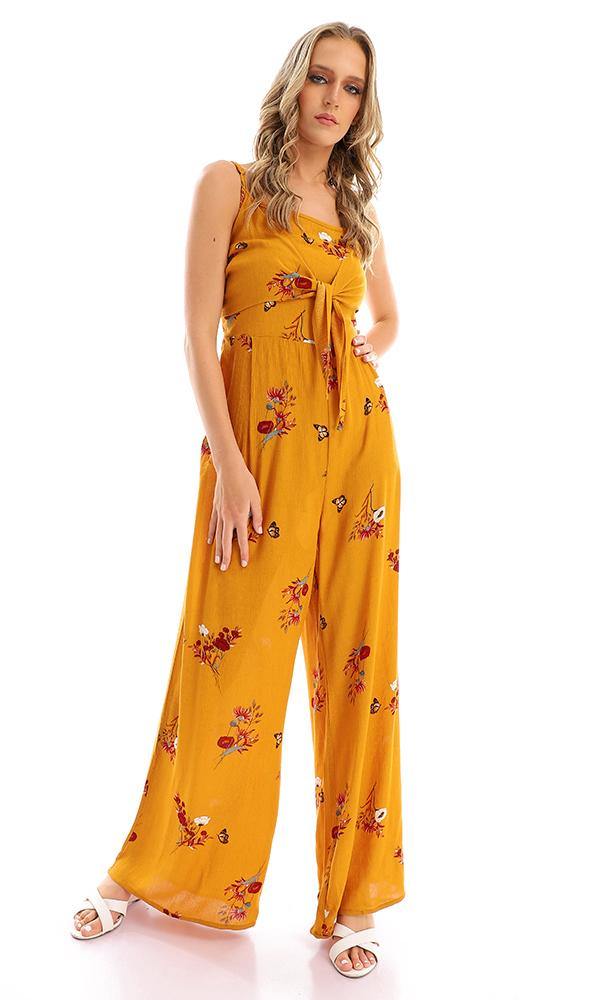 57748 Elastic Open Back Floral Jumpsuit - Mustard - Ravin 