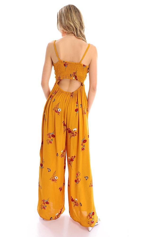 57748 Elastic Open Back Floral Jumpsuit - Mustard - Ravin 