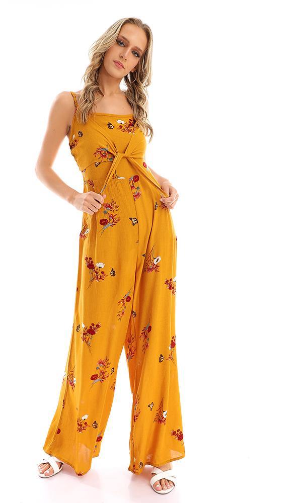 57748 Elastic Open Back Floral Jumpsuit - Mustard - Ravin 