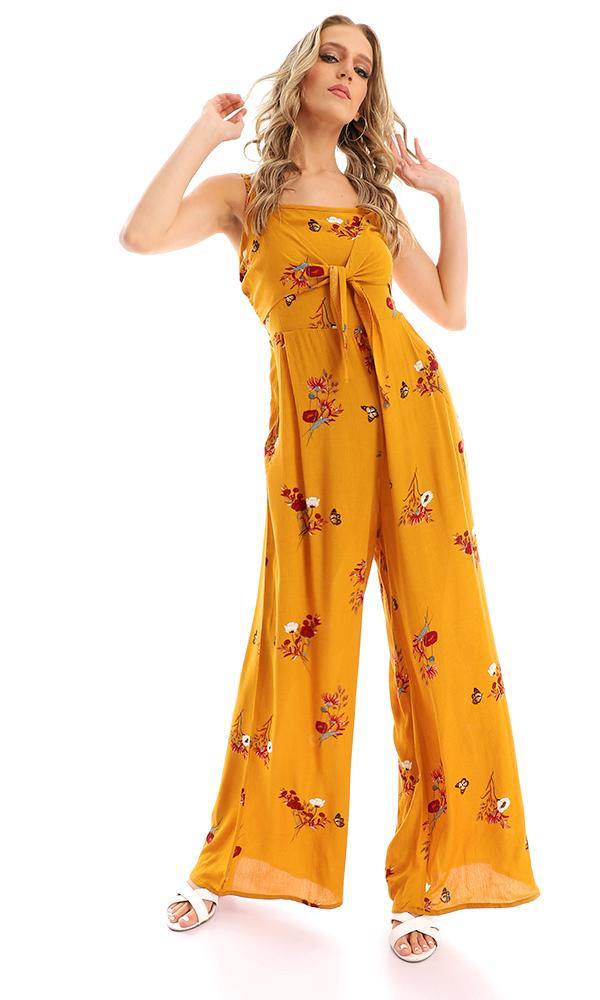 57748 Elastic Open Back Floral Jumpsuit - Mustard - Ravin 