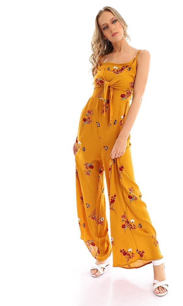 57748 Elastic Open Back Floral Jumpsuit - Mustard - Ravin 