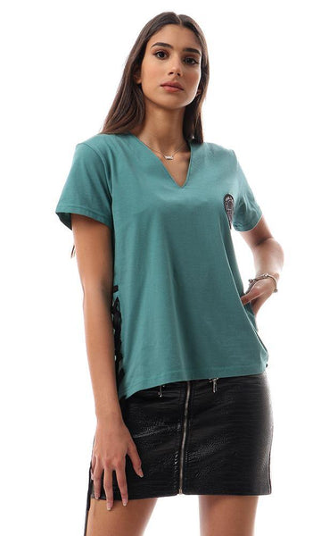 57754 Side Lace Up V-Neck Loose Tee - Jade Green - Ravin 