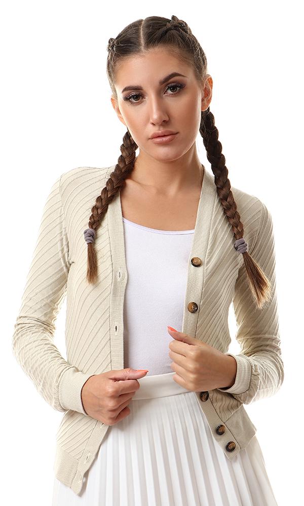 57766 Self Striped Buttoned Light Khaki Cardigan With Hem - Ravin 