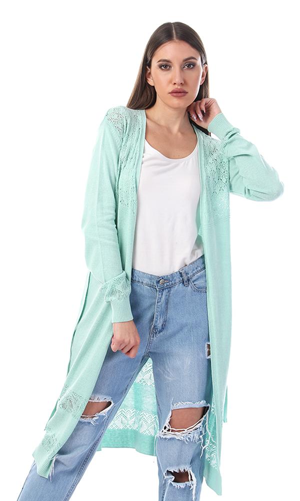 57768 Aquamarine Open Neckline Cardigan With Lace Touch - Ravin 