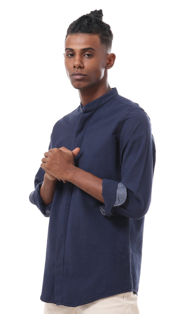 57775 Plain Dark Navy Blue Mandarin Collar Shirt - Ravin 