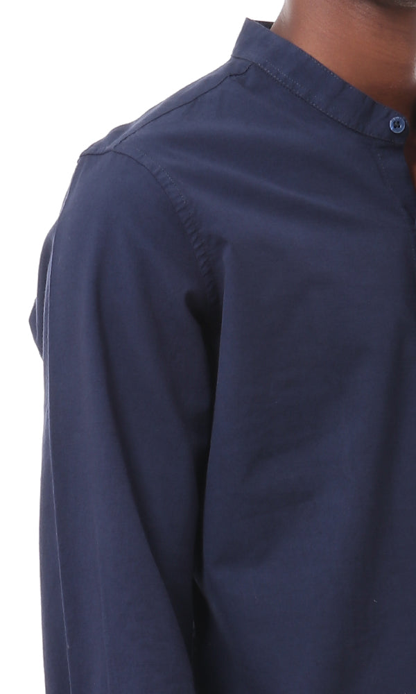 57775 Plain Dark Navy Blue Mandarin Collar Shirt - Ravin 