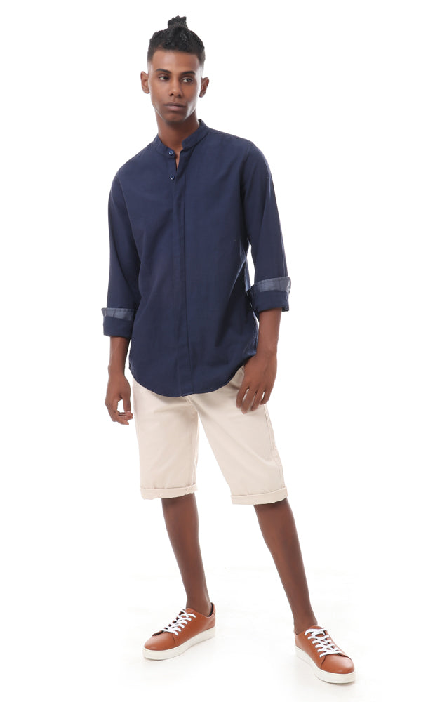 57775 Plain Dark Navy Blue Mandarin Collar Shirt - Ravin 