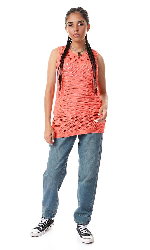 57820 Perforated Knit Sleeveless Coral Top - Ravin 