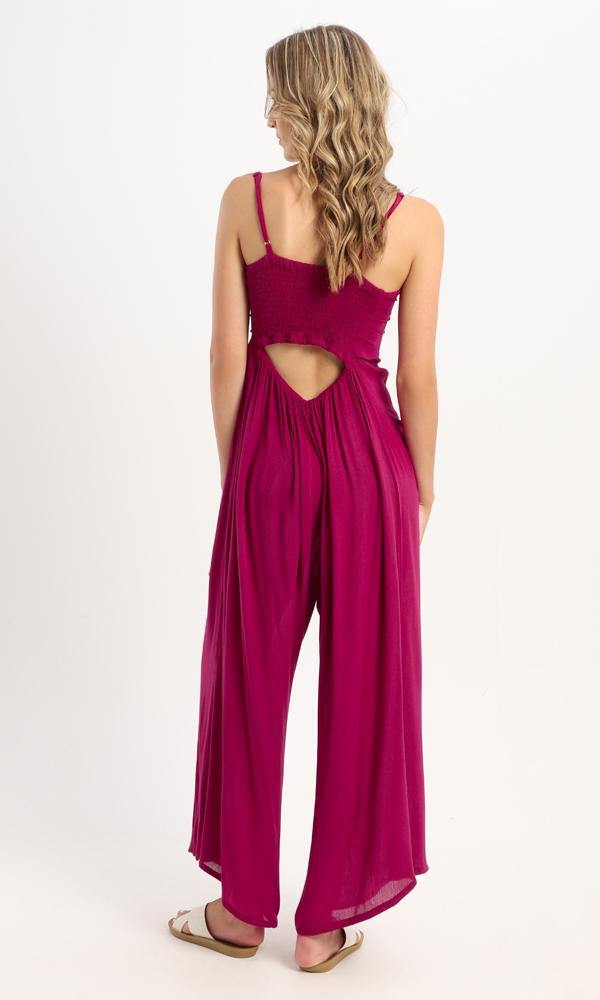 57835 Open Elastic Back Solid Jumpsuit - Magenta - Ravin 