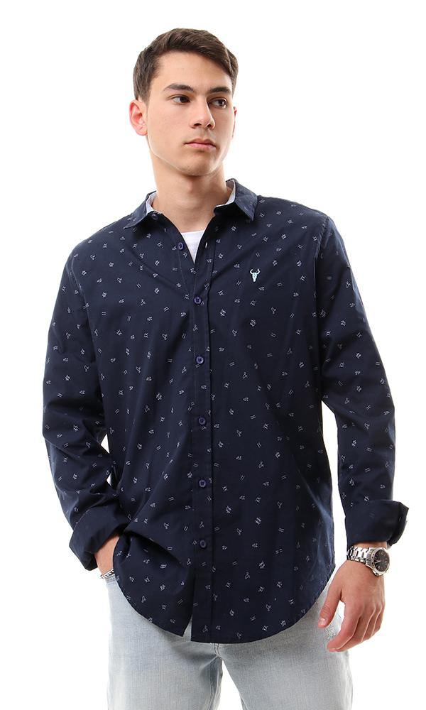 57855 Trendy Symbols Patterns Navy Blue Casual Shirt - Ravin 