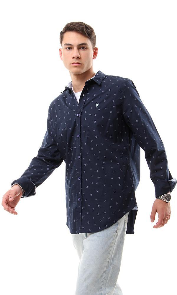 57855 Trendy Symbols Patterns Navy Blue Casual Shirt - Ravin 