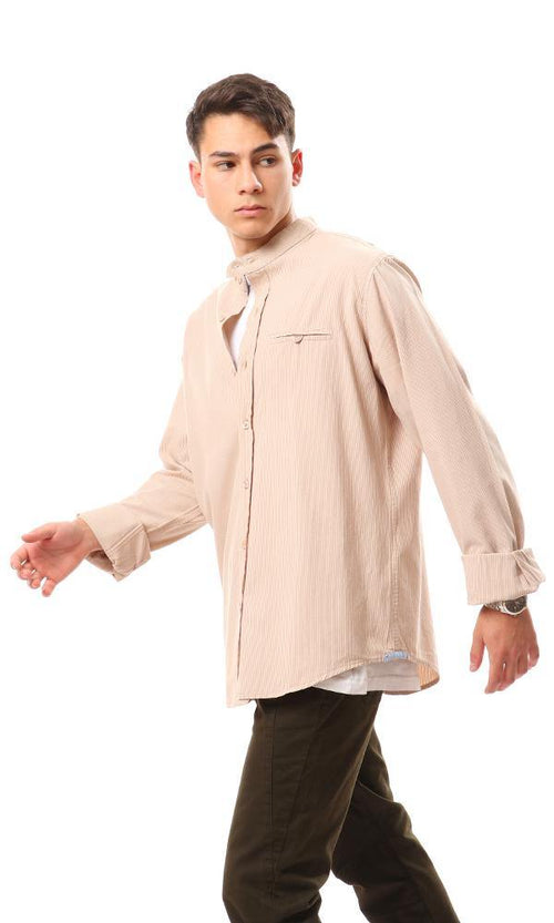 57858 Thin Striped Madarin Neck Shirt - Beige - Ravin 