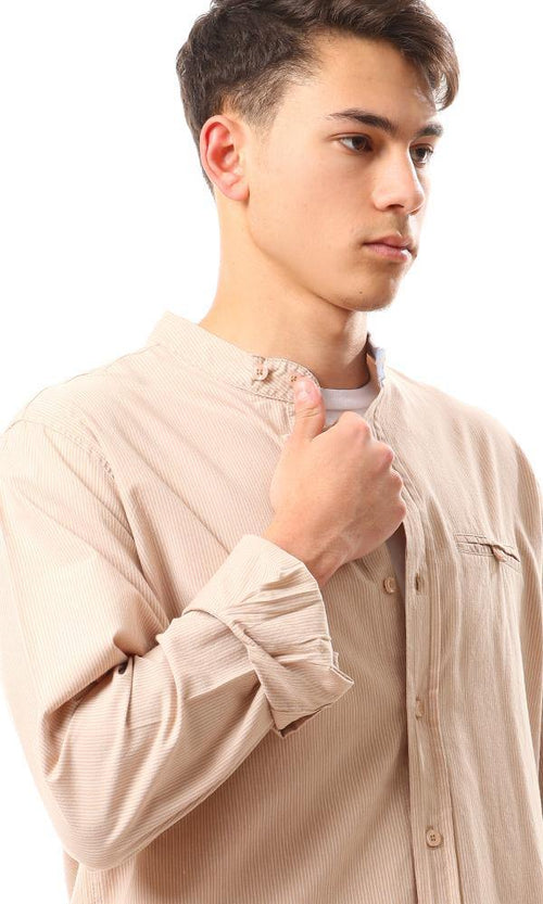 57858 Thin Striped Madarin Neck Shirt - Beige - Ravin 