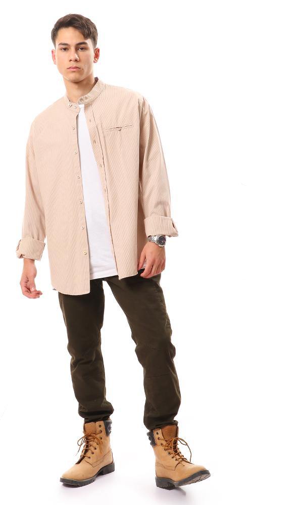 57858 Thin Striped Madarin Neck Shirt - Beige - Ravin 