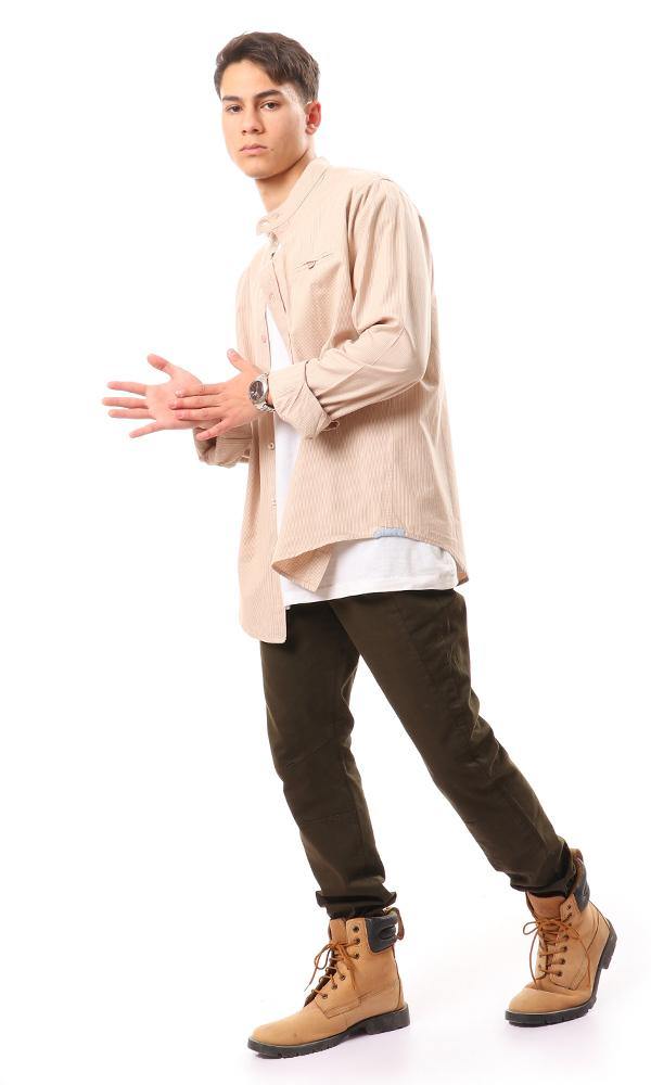 57858 Thin Striped Madarin Neck Shirt - Beige - Ravin 