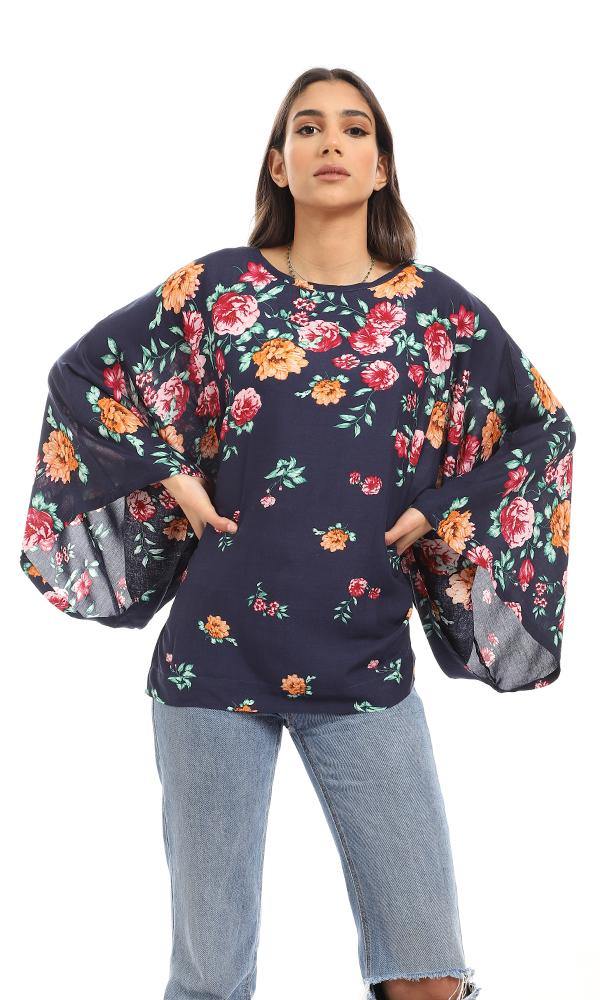 57919 Round Neck Loose Fit Floral Blouse - Navy Blue - Ravin 