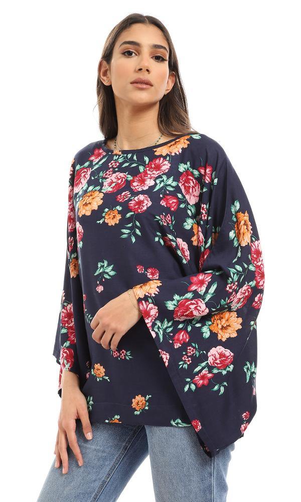 57919 Round Neck Loose Fit Floral Blouse - Navy Blue - Ravin 