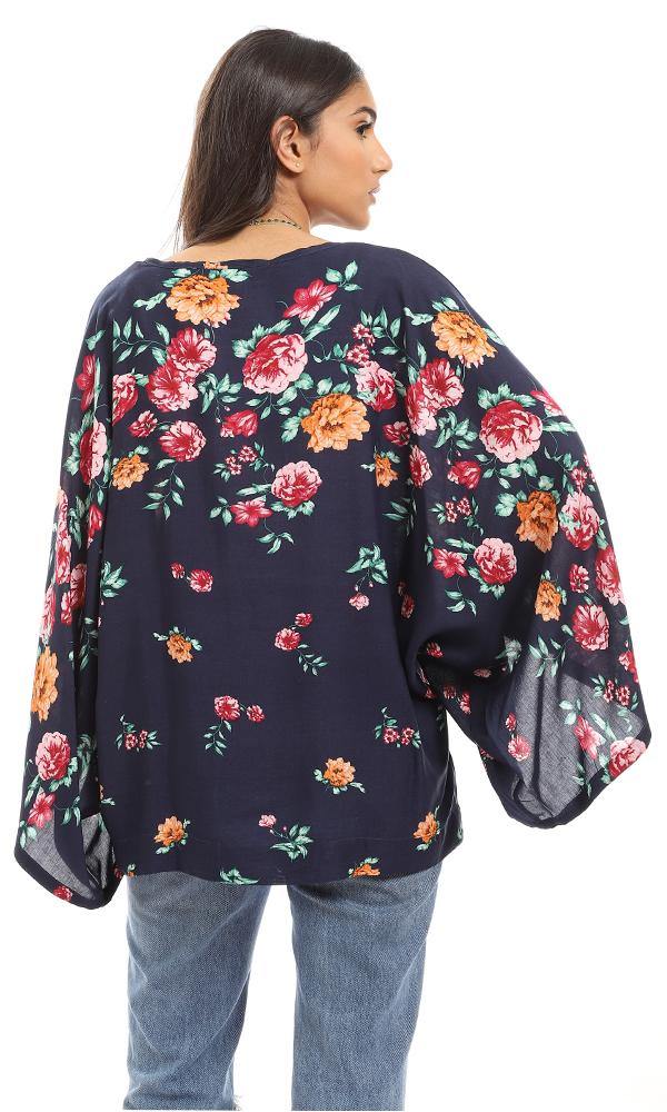 57919 Round Neck Loose Fit Floral Blouse - Navy Blue - Ravin 