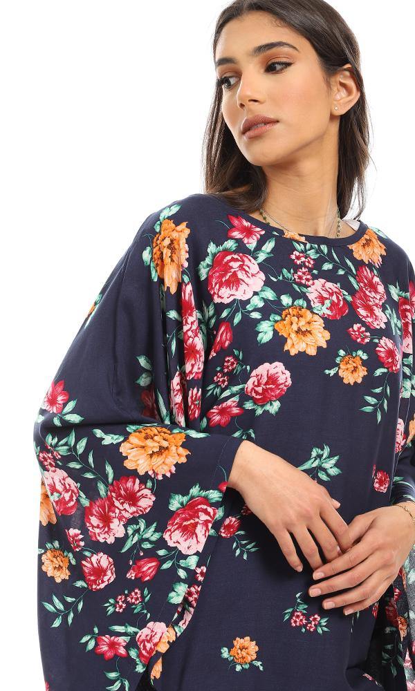 57919 Round Neck Loose Fit Floral Blouse - Navy Blue - Ravin 