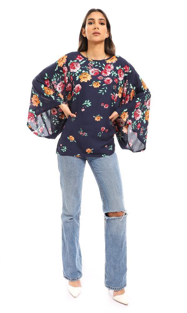 57919 Round Neck Loose Fit Floral Blouse - Navy Blue - Ravin 
