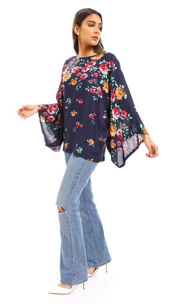 57919 Round Neck Loose Fit Floral Blouse - Navy Blue - Ravin 