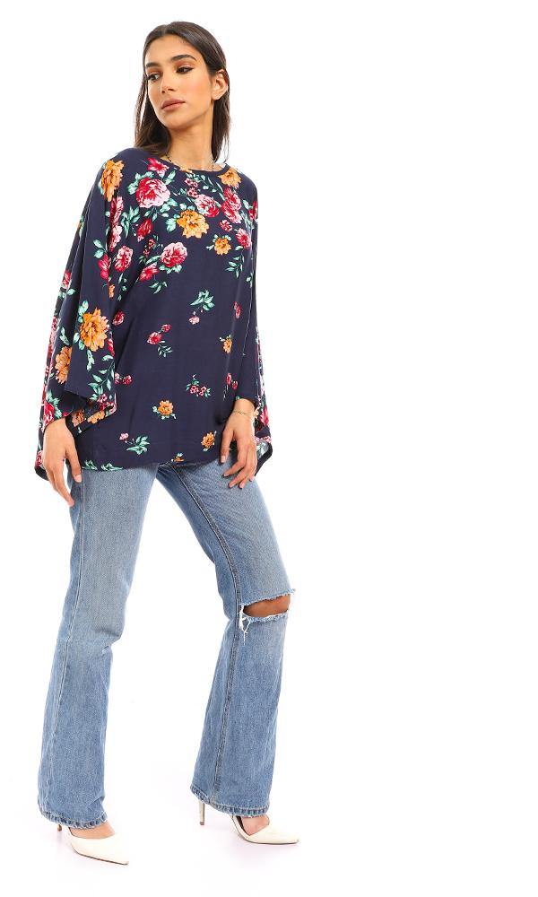 57919 Round Neck Loose Fit Floral Blouse - Navy Blue - Ravin 