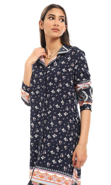 57922 Comfy Long Sleeves Floral Long Shirt - Navy Blue - Ravin 