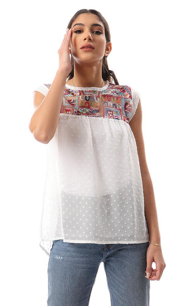 57925 Loose Embroidered Sleeveless Chiffon Blouse - Off-White - Ravin 