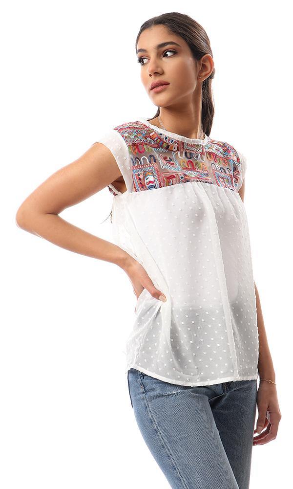 57925 Loose Embroidered Sleeveless Chiffon Blouse - Off-White - Ravin 