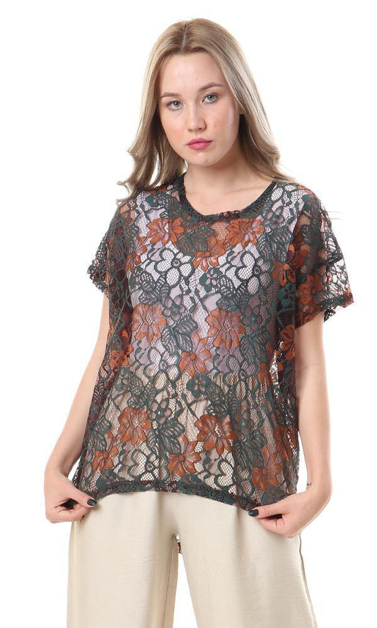 57952 Bi-Tone Perforated Lace Tee - Burnt Orange & Dark Green - Ravin 