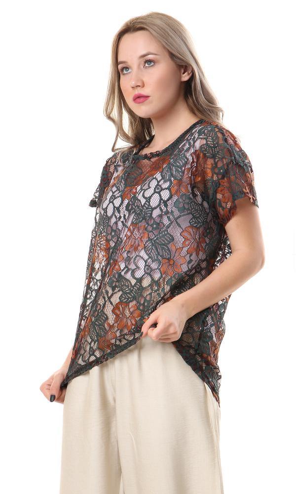 57952 Bi-Tone Perforated Lace Tee - Burnt Orange & Dark Green - Ravin 