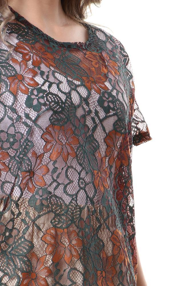 57952 Bi-Tone Perforated Lace Tee - Burnt Orange & Dark Green - Ravin 