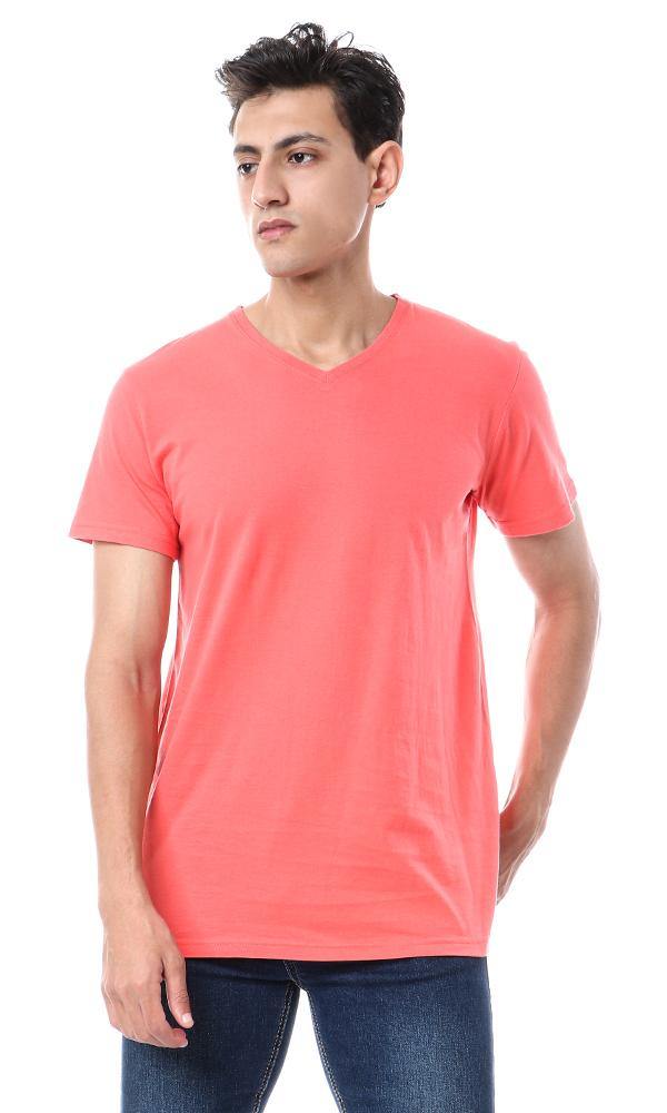 57986 Basic V-Neck Solid T-Shirt - Coral Red - Ravin 