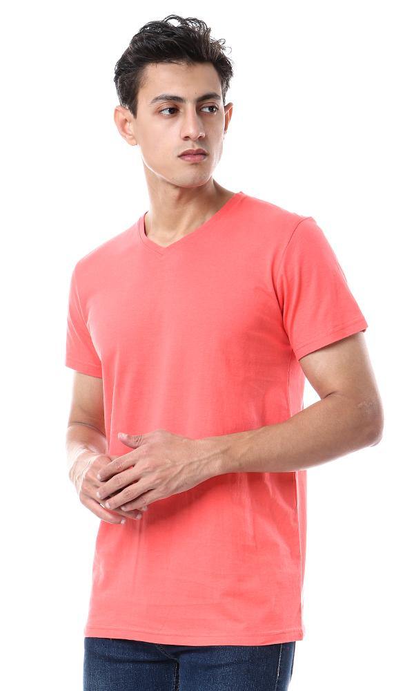 57986 Basic V-Neck Solid T-Shirt - Coral Red - Ravin 