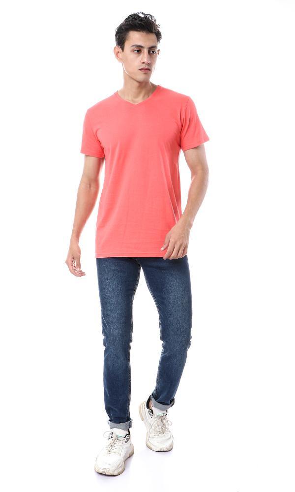 57986 Basic V-Neck Solid T-Shirt - Coral Red - Ravin 