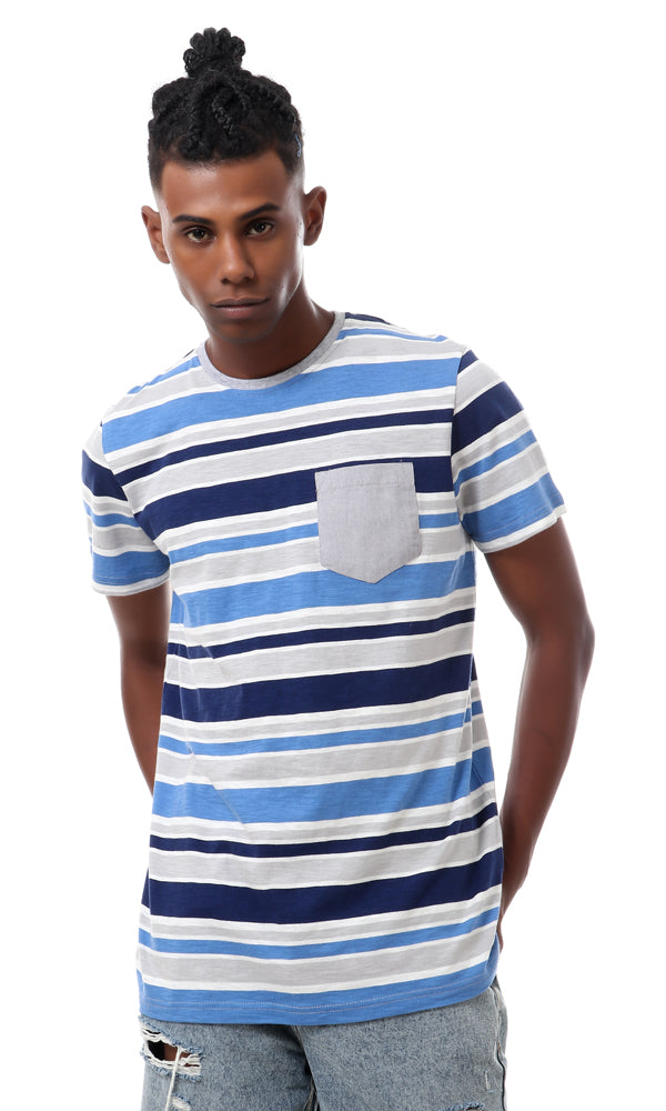 57992 Striped T-Shirt With Side Plain Pocket - Grey & Blue - Ravin 