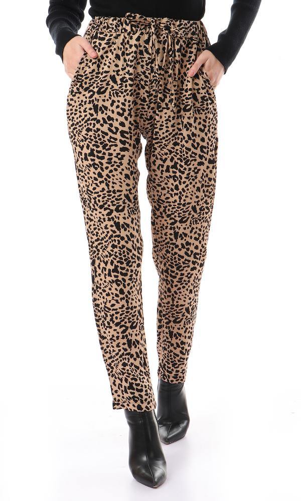 57998 Leopard Elastic Waist Casual Pants - Dark Beige & Camel - Ravin 