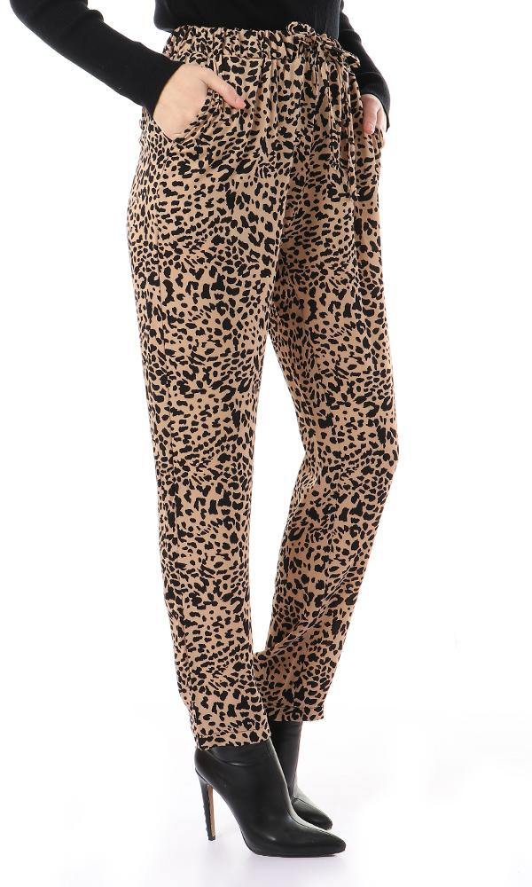 57998 Leopard Elastic Waist Casual Pants - Dark Beige & Camel - Ravin 