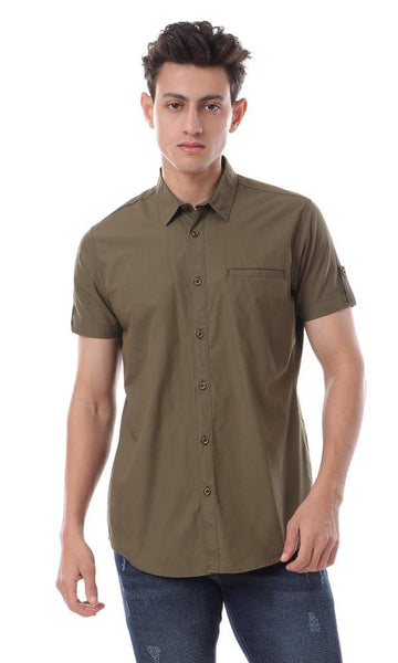 57999 Buttoned Solid Short Sleeves Shirt - Dark Olive - Ravin 