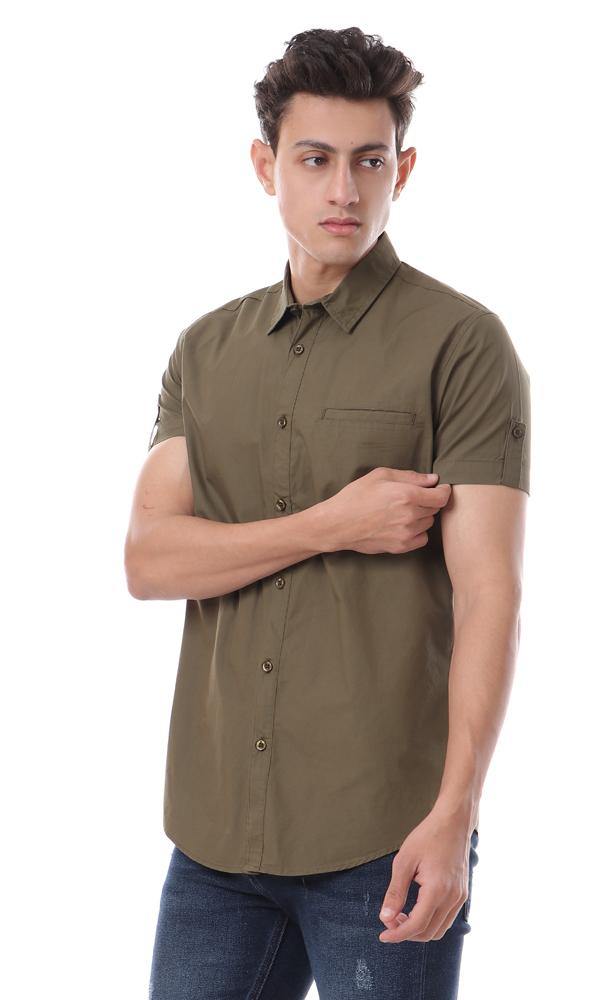 57999 Buttoned Solid Short Sleeves Shirt - Dark Olive - Ravin 