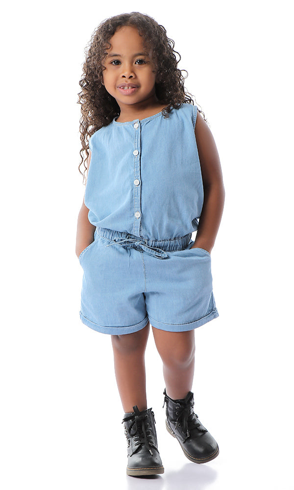 90716 Girls Sleeveless Romper With Elastic Waist - Light Blue