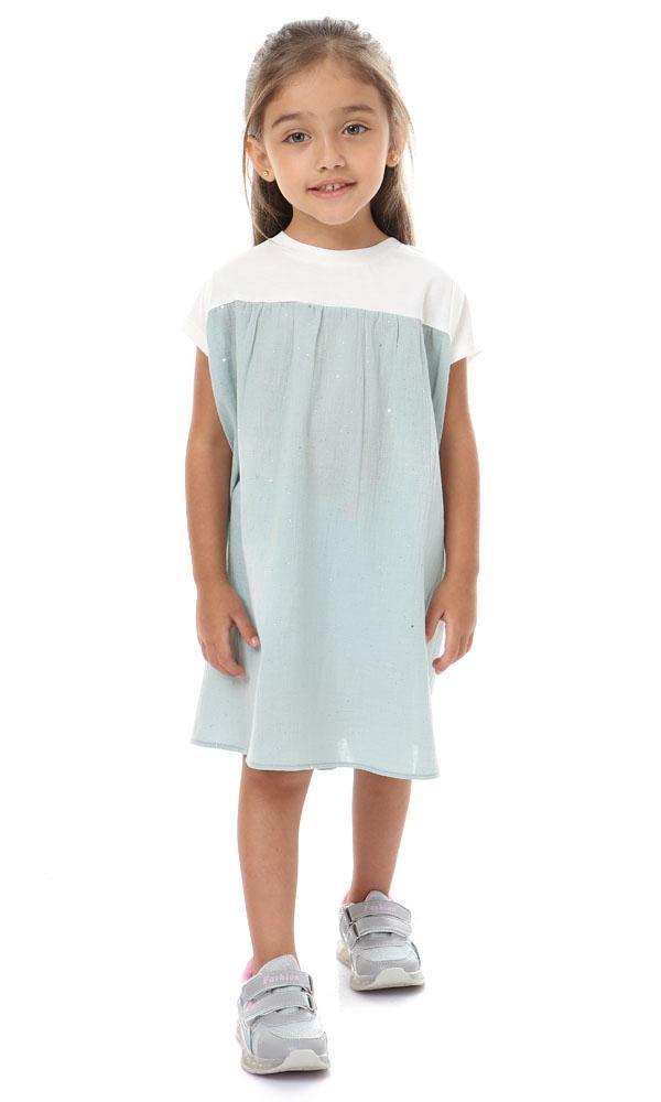 92138 Girls Bi-Tone Shiny Short Sleeves Dress - Mint & Off-White - Ravin 