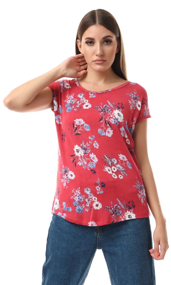 93000 Short Sleeves Floral Fluffy Red Comfy Top - Ravin 