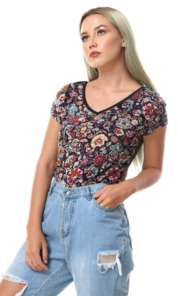 93004 High Low Self Floral Pattern Top - Multicolour - Ravin 