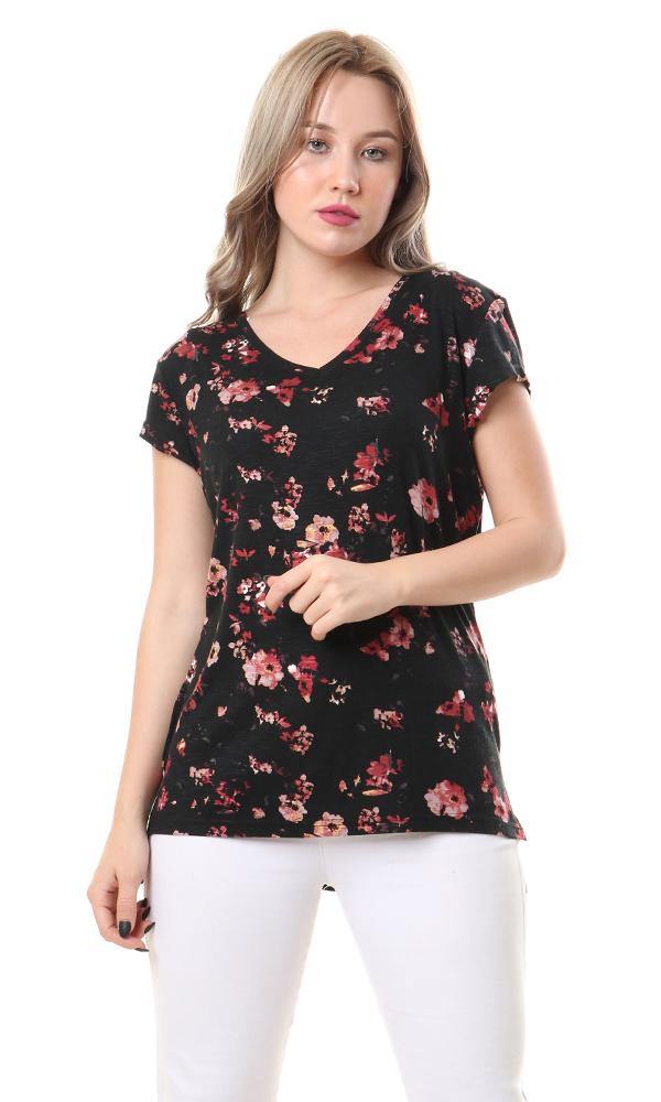 93007 V-Neck Short Sleeves Fluffy Floral Top - Black & Coral - Ravin 