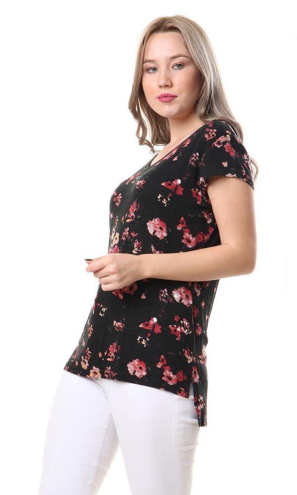 93007 V-Neck Short Sleeves Fluffy Floral Top - Black & Coral - Ravin 