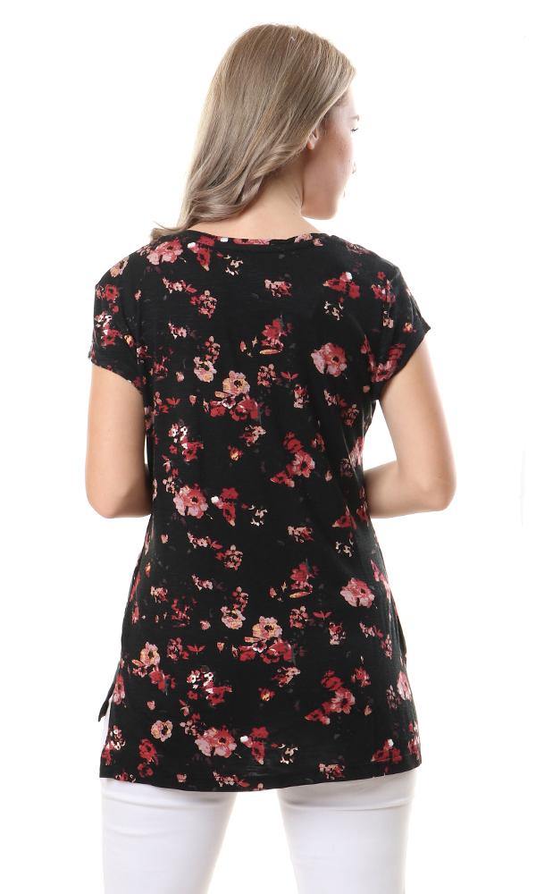 93007 V-Neck Short Sleeves Fluffy Floral Top - Black & Coral - Ravin 